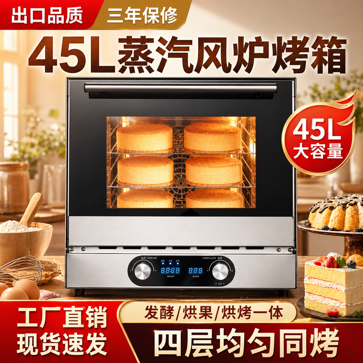 45-Liter Large-Capacity Stainless Steel Electric Oven Without Insulation Cotton for Home and Private Baking of Cakes, Commercial Use with Steam