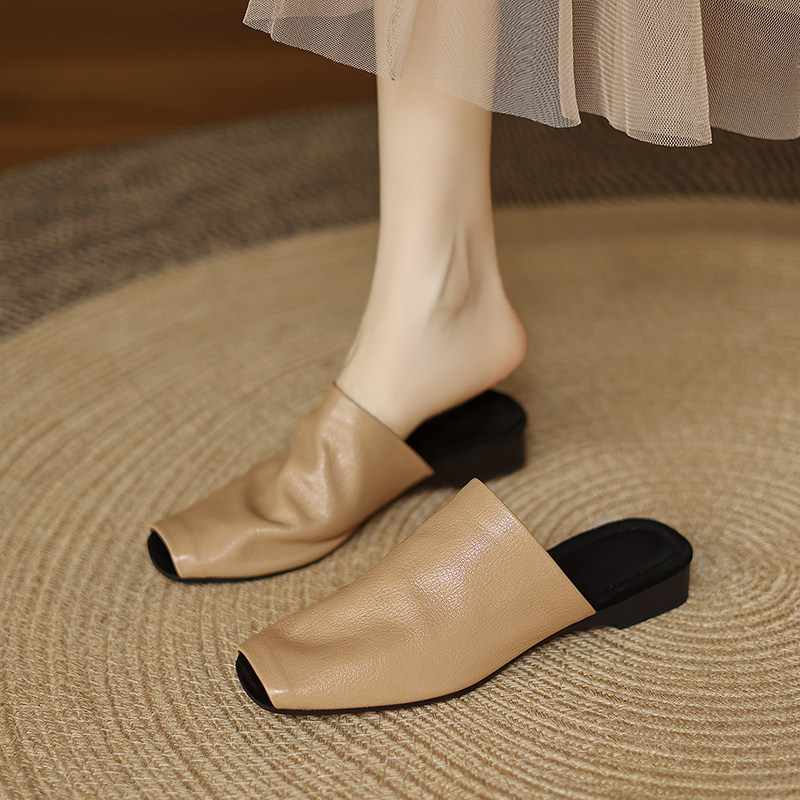 头层牛皮真皮包头半拖鞋女夏季新款平底低跟懒人一脚蹬穆勒凉鞋,女鞋,包头拖,淘宝优惠券,粉丝福利购,淘宝优惠卷