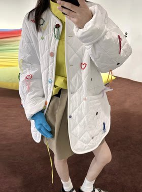 设计师买手店童趣圆领棉服撞色彩色字母刺绣格纹棉衣夹克外套宽松