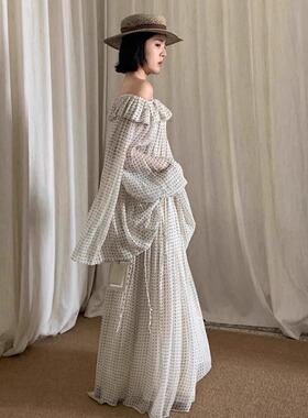 设计师买手店高级仙女波点衬衫半身裙长裙套装一字领荷叶领上衣女