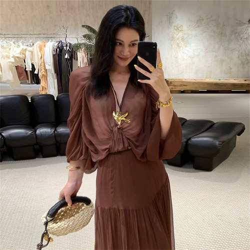 设计师买手店金属装饰抽褶透感衬衫半身裙套装垂感飘逸上衣中裙女