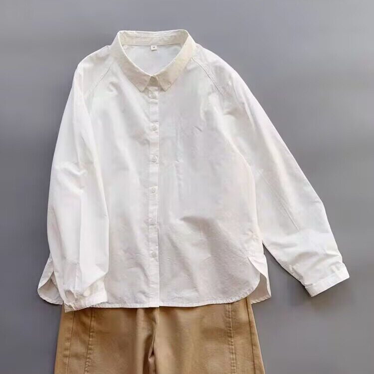 春季新款全棉白色衬衫女装大码叠穿内搭上衣宽松百搭纯棉长袖衬衣