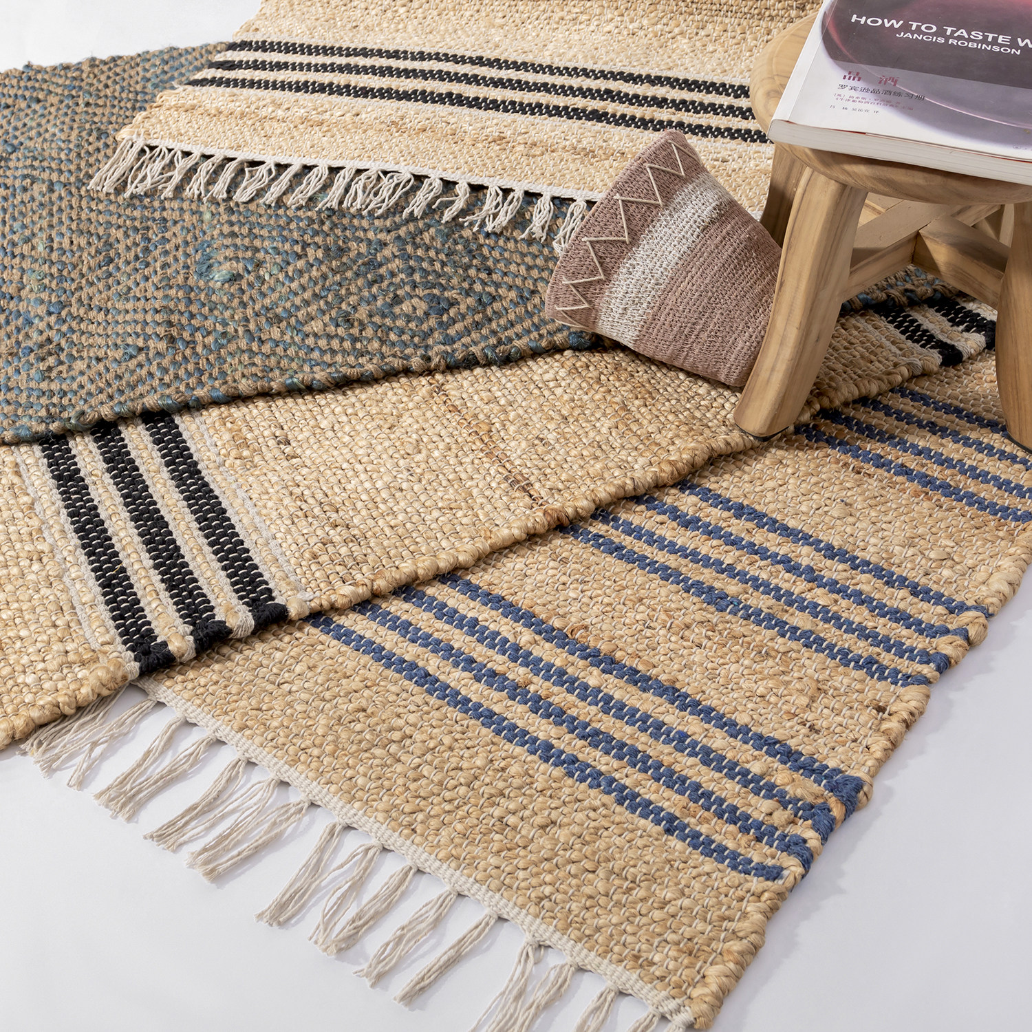 手工编织印度条纹地毯北欧乡村田园黄麻家用民宿露台几何进门地垫