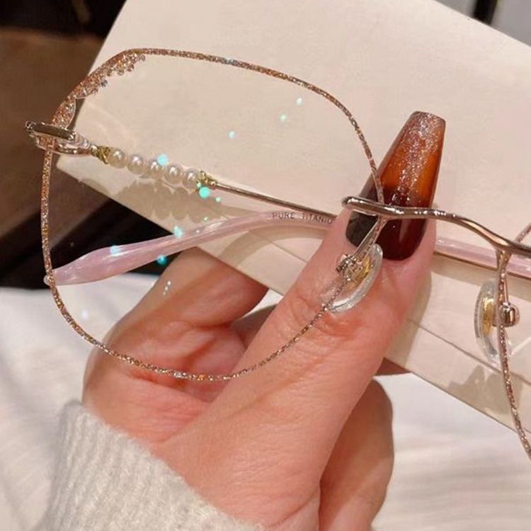 超轻纯钛无框近视眼镜女钻石切边散光大框平光素颜镜防蓝光变色潮