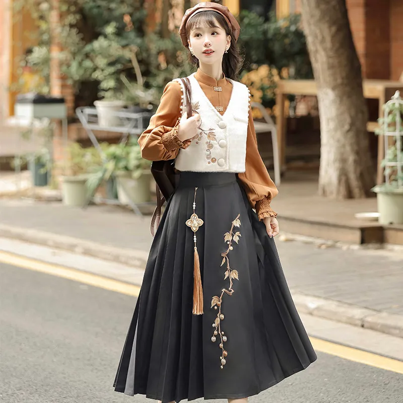 原创枫语中国风改良汉元素新中式女马甲衬衣半裙套装8959