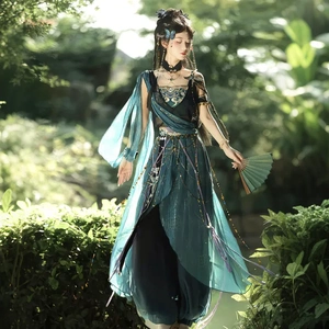 2026倚梦阁原创设计青鸟汉服女敦煌风西域风外披吊带裤子套装9633
