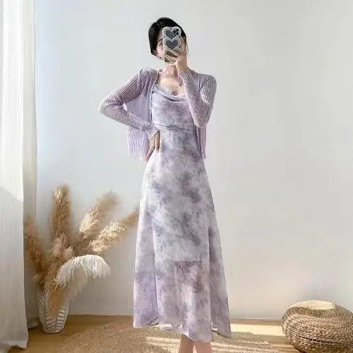 高级感吊带连衣裙女2025夏季新款法式雪纺碎花长裙子开衫两件套装