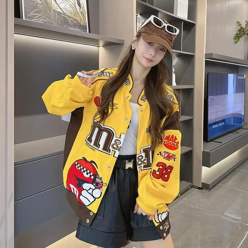 美式棒球服春秋高街贴布刺绣拼接夹克男女嘻哈宽松机车服赛车外套
