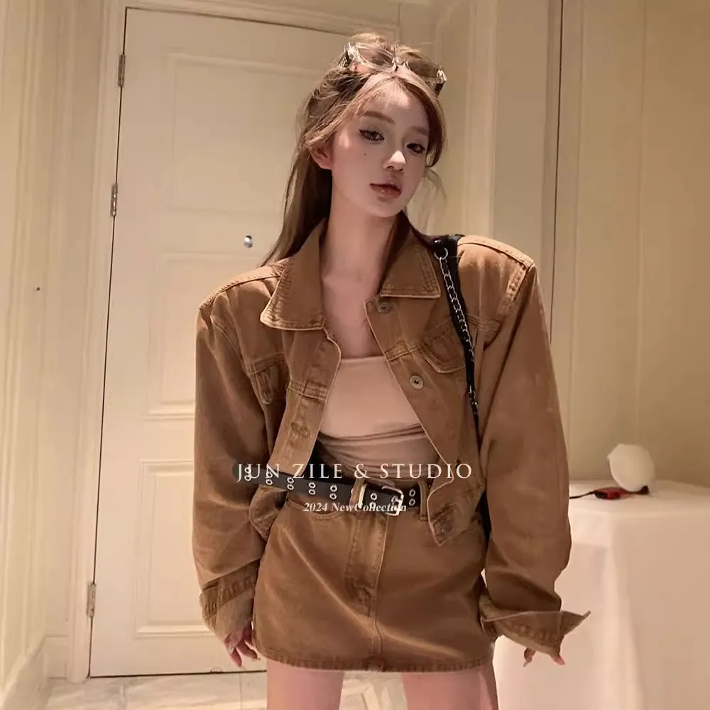 美式复古废土风牛仔套装女辣妹短款上衣外套高腰短裙两件套秋装