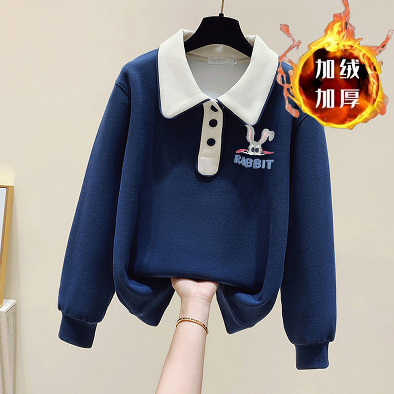 2025秋冬季时尚长袖加绒卫衣少女初高中生学院风polo领宽松卫衣