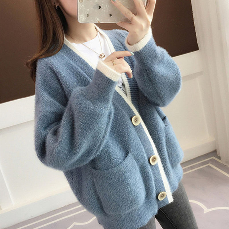 短款纯色V领针织开衫女春秋新款小个子仿水貂绒宽松加厚毛衣外套