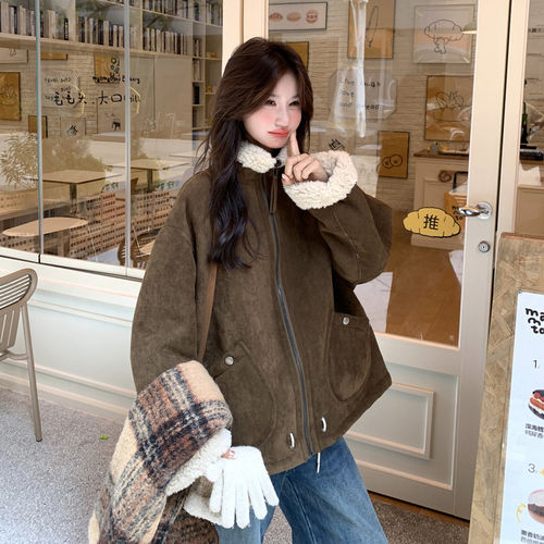 咖色两面穿麂皮绒羊羔毛