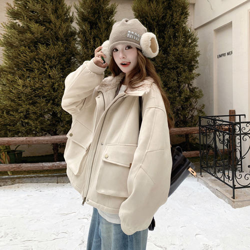 米白色韩系工装加绒外套