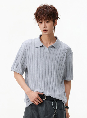 JY STYLE 老钱风坑条纹肌理质感polo针织T恤男夏季款海鸥领上衣