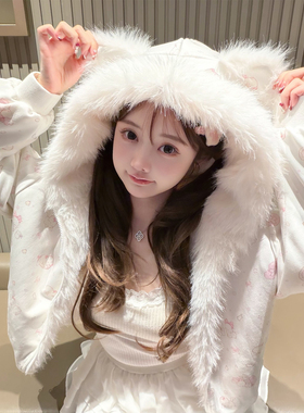 Kiyomi Doll 毛绒小猫 可爱印花麂皮绒双面穿猫耳外套 仿皮草