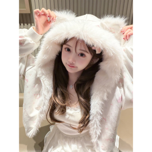 可爱印花麂皮绒双面穿猫耳外套 毛绒小猫 仿皮草 Doll Kiyomi