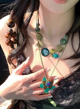复古欧美风绿色蝴蝶项链高级感百搭项链女款波西米亚锁骨链配饰