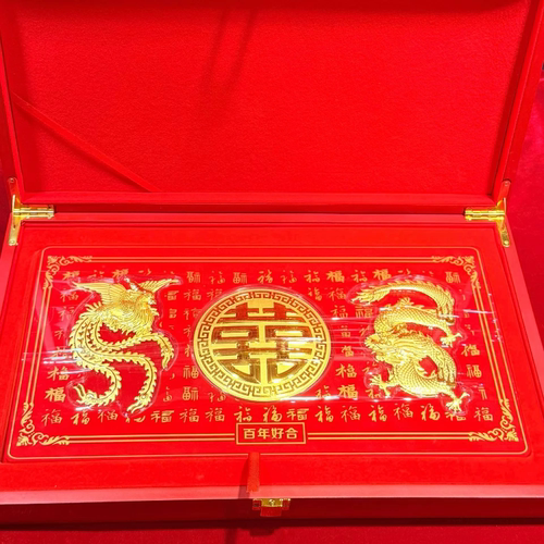 足金999龙凤呈祥金片3克黄金摆件纯金结婚送礼盒婚庆嫁妆订婚摆件