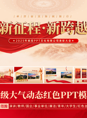 PPT模板高级动态简约红色大气多图炫酷工作总结教师课件社区展示