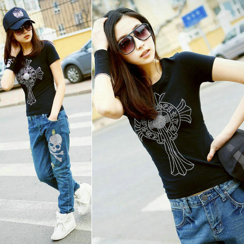 LIVIA原创潮牌十字架水钻夏季镶钻男女情侣同款修身短袖T恤上衣