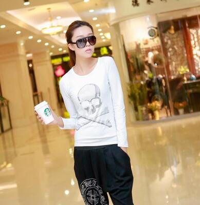 LIVIA原创潮牌骷髅头长袖胸前大骷髅T恤休闲情侣款打底衫