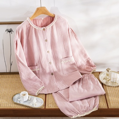 【四层纱花边加厚】A类全棉色织提花双层纱女式家居服纯棉睡衣