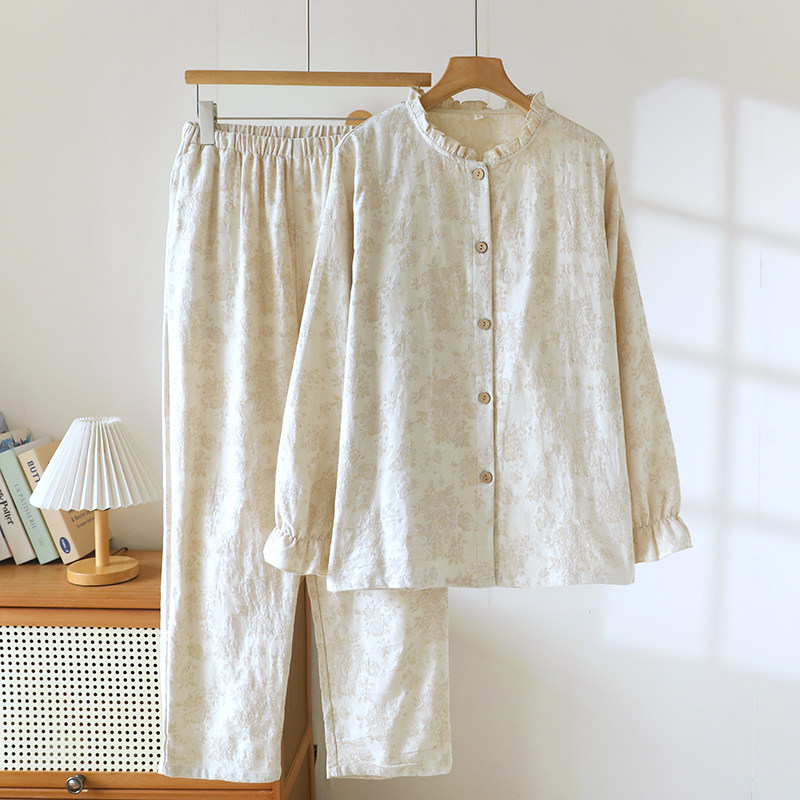 [花枝]A类全棉色织提花双层纱家居服睡衣套装女