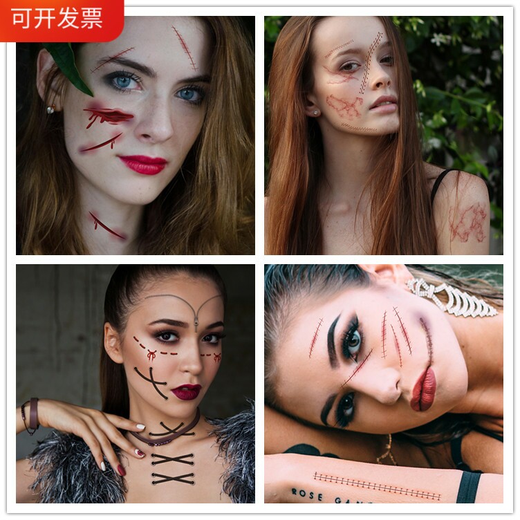 纹身贴防水女持久万圣节脸贴妆容恐怖恶作剧假伤口伤疤抓痕缝针