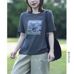 树也 舒适透气 手绘风乡间小屋文艺休闲宽松显瘦短袖T恤女2026夏