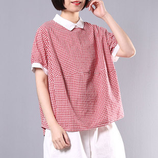 棉麻格子衬衫女短袖2019夏季新款韩版宽松大码文艺拼色翻领上衣