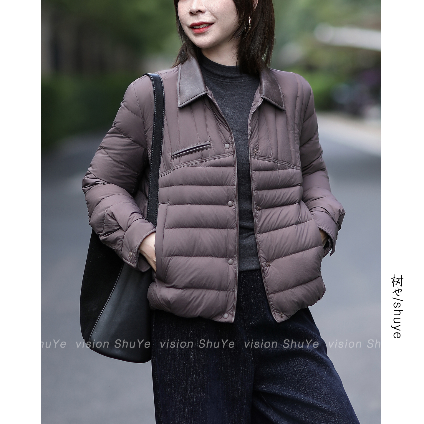 树也 版型超赞 文艺复古时髦有型皮质翻领轻羽绒夹克短外套女秋冬