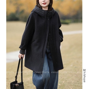 树也2025冬装新款 韩版休闲宽松中长款针织连帽双面羊毛大衣外套