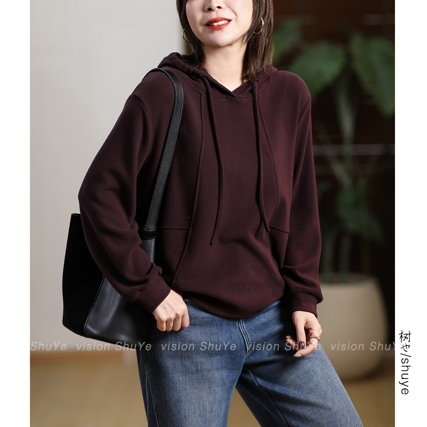 树也 随性松驰 独特裁剪双面德绒连帽卫衣打底衫女宽松内搭2025冬