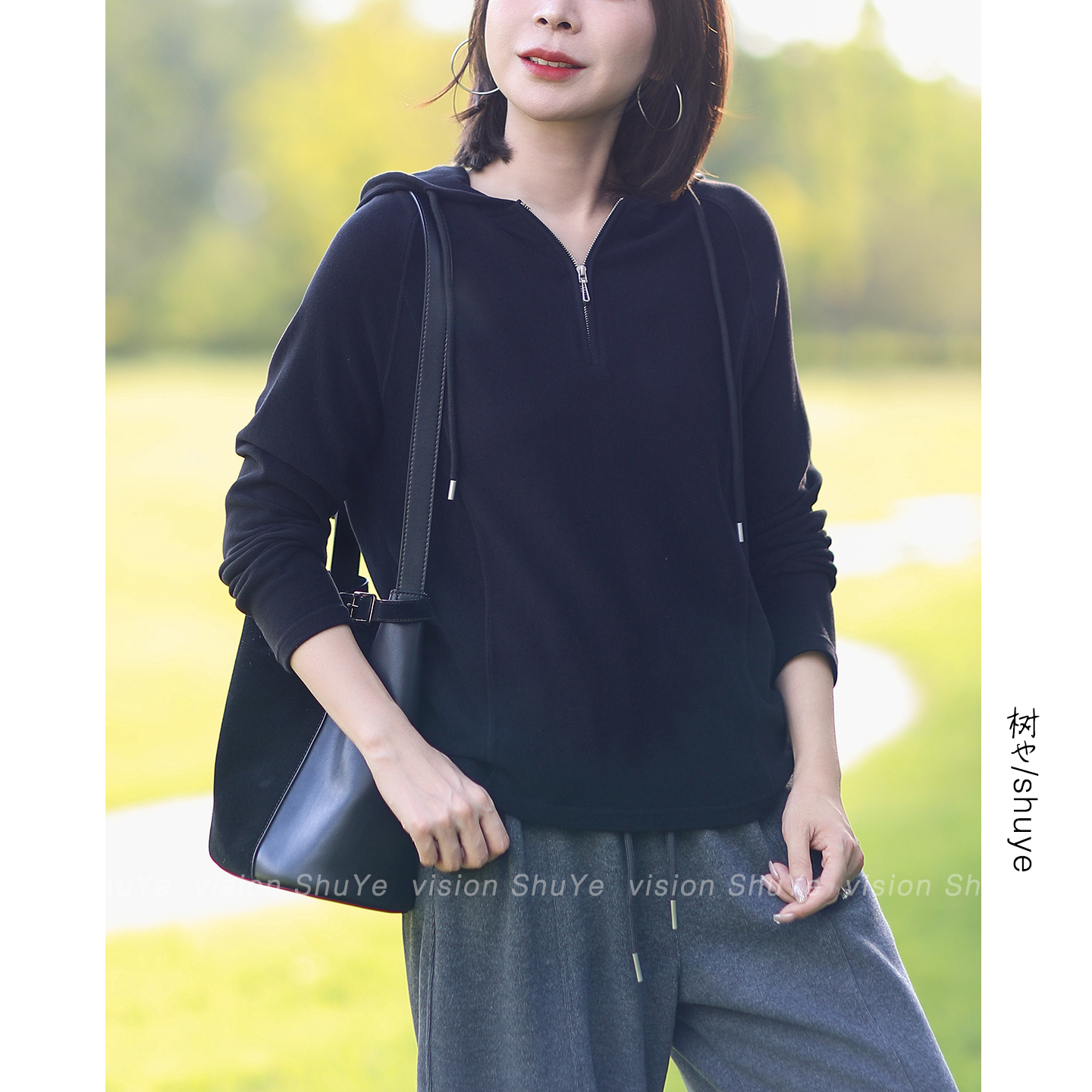 树也 软糯质感 宽松随性立体裁剪巨显瘦百搭连帽长袖T恤女打底衫