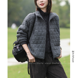 树也 原创设计柔软面料宽松休闲通勤简约三角菱格棉衣外套女2025