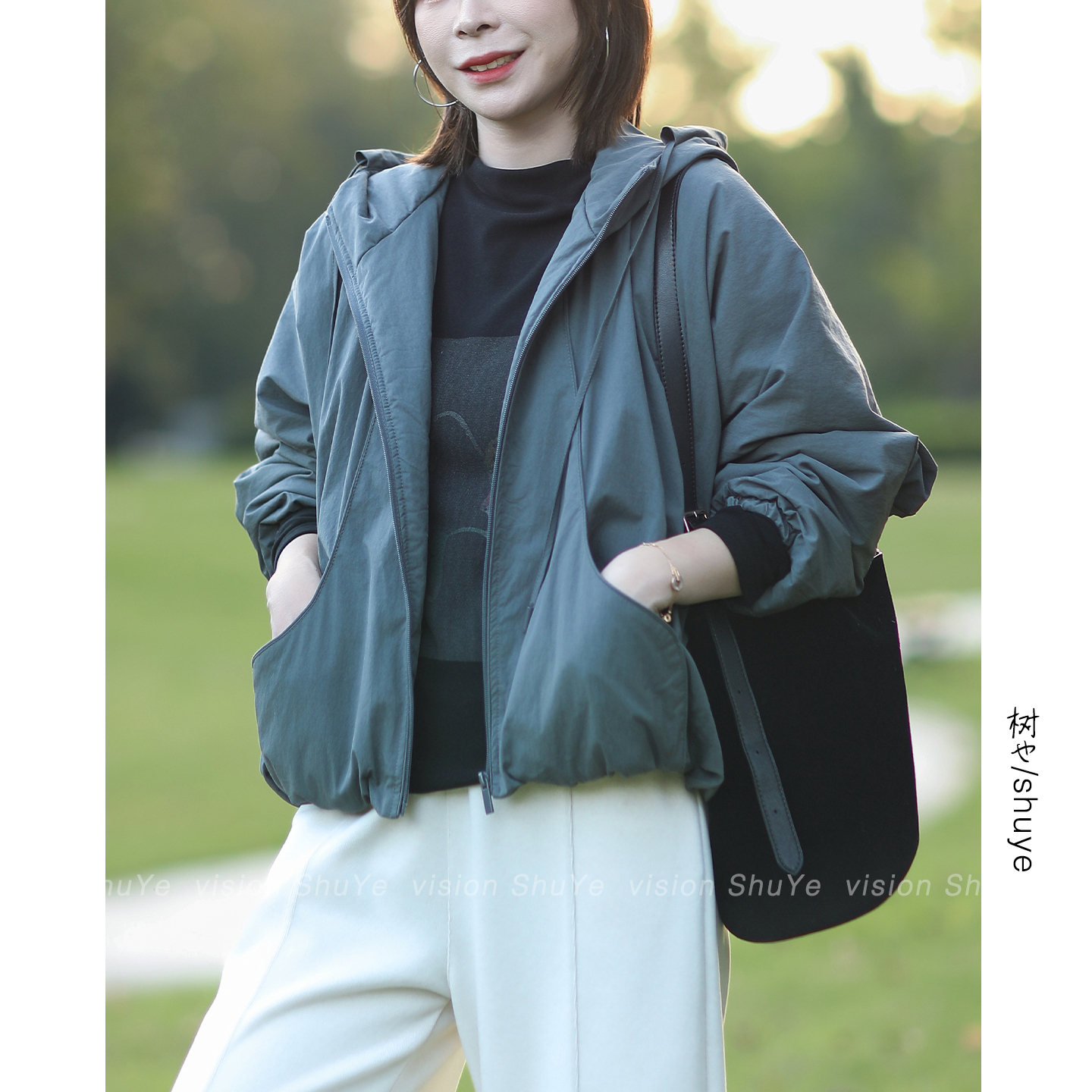 树也 松驰有型 韩版休闲宽松大码简约口袋设计连帽棉衣外套女冬装