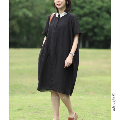 SHUYE小众设计 优雅气质遮肉显瘦欧根纱翻领中长款短袖连衣裙女夏