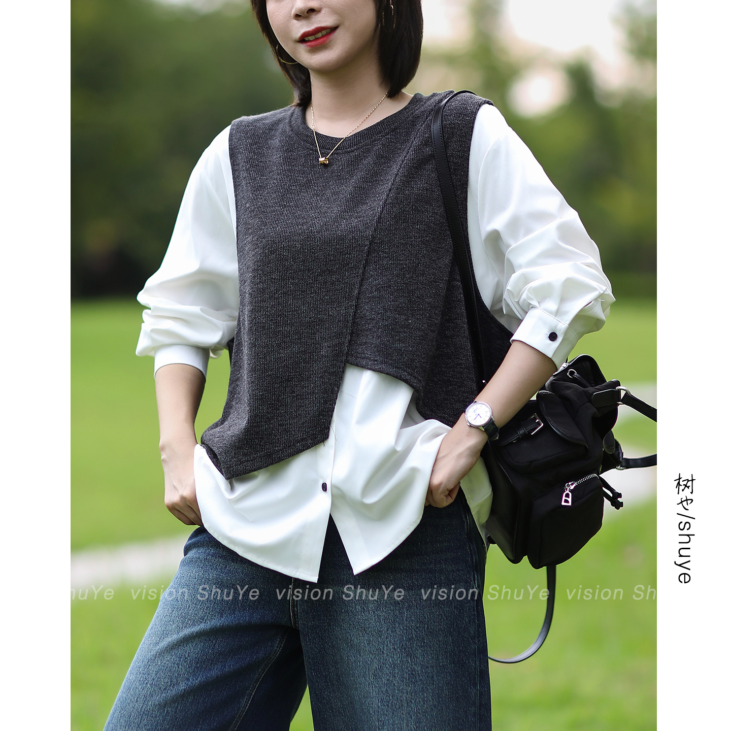 树也 时髦洋气撞色卫衣女韩版休闲衬衫背心假两件上衣2025秋装新