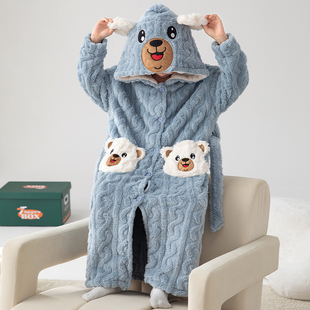 男童珊瑚绒睡衣冬季加厚保暖连帽儿童家居服中大童浴袍睡袍法兰绒