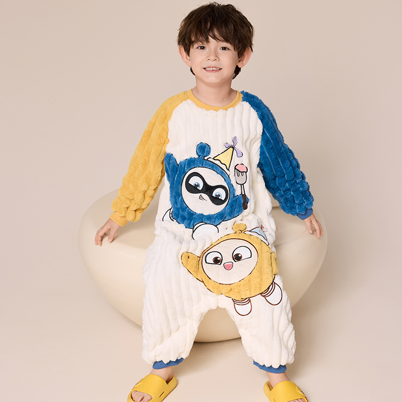 法兰绒男童睡衣秋冬季加绒加厚款