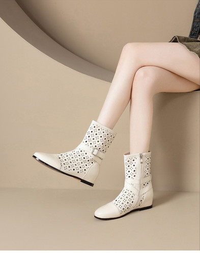 2026春夏新款真皮镂空短靴女内增高凉靴平跟洞洞鞋复古百搭女鞋