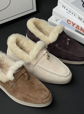 2025冬季新款lp加绒加厚保暖一脚蹬乐福鞋女平底懒人单鞋羊毛绵鞋