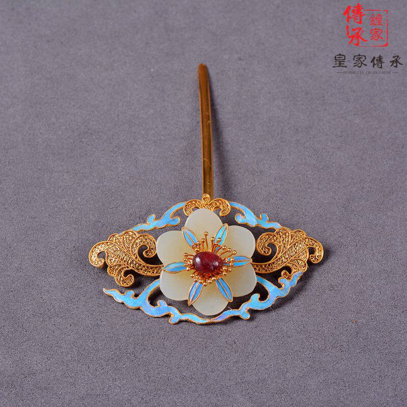 玉花连枝点毛发簪，古风汉服发饰宫廷复古头饰
