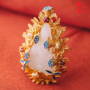 满池娇分心，仿明代头饰汉服配饰手工累丝银镀金烧蓝镶嵌玉观音