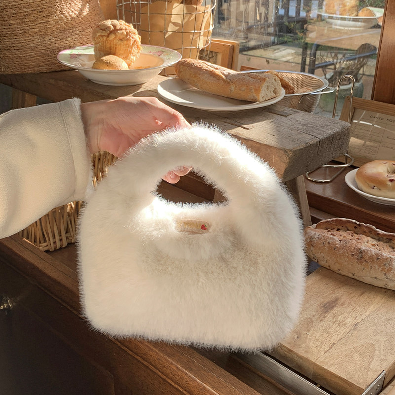 仿水貂手提手拎毛绒小方包