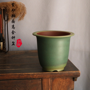 玲珑紫砂 手工绿色釉面高圆盆君子兰蕙兰内门竹菊花松柏盆景