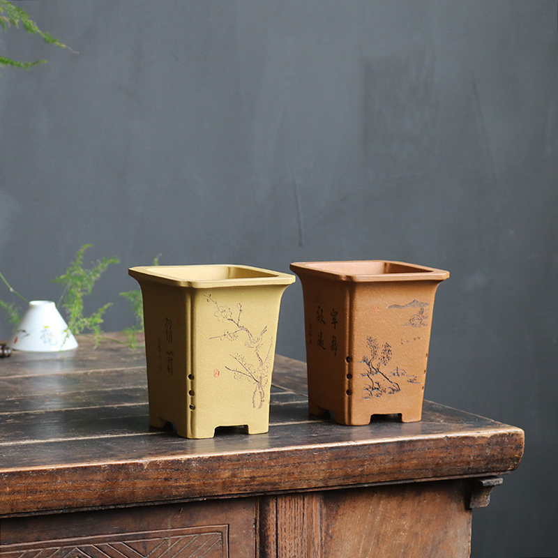 玲珑 案台清贡紫砂花盆手工刻绘绿泥降坡泥段泥四方签筒小圆盆