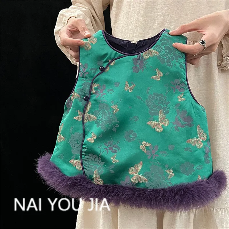 奶油童装2025秋冬女童国风缎面提花马甲宝宝新中式坎肩背心旗袍裙