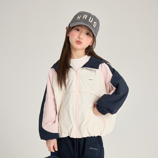 女童撞色软壳外套春款2026新款儿童连帽拉链衫中大童宽松上衣VC6