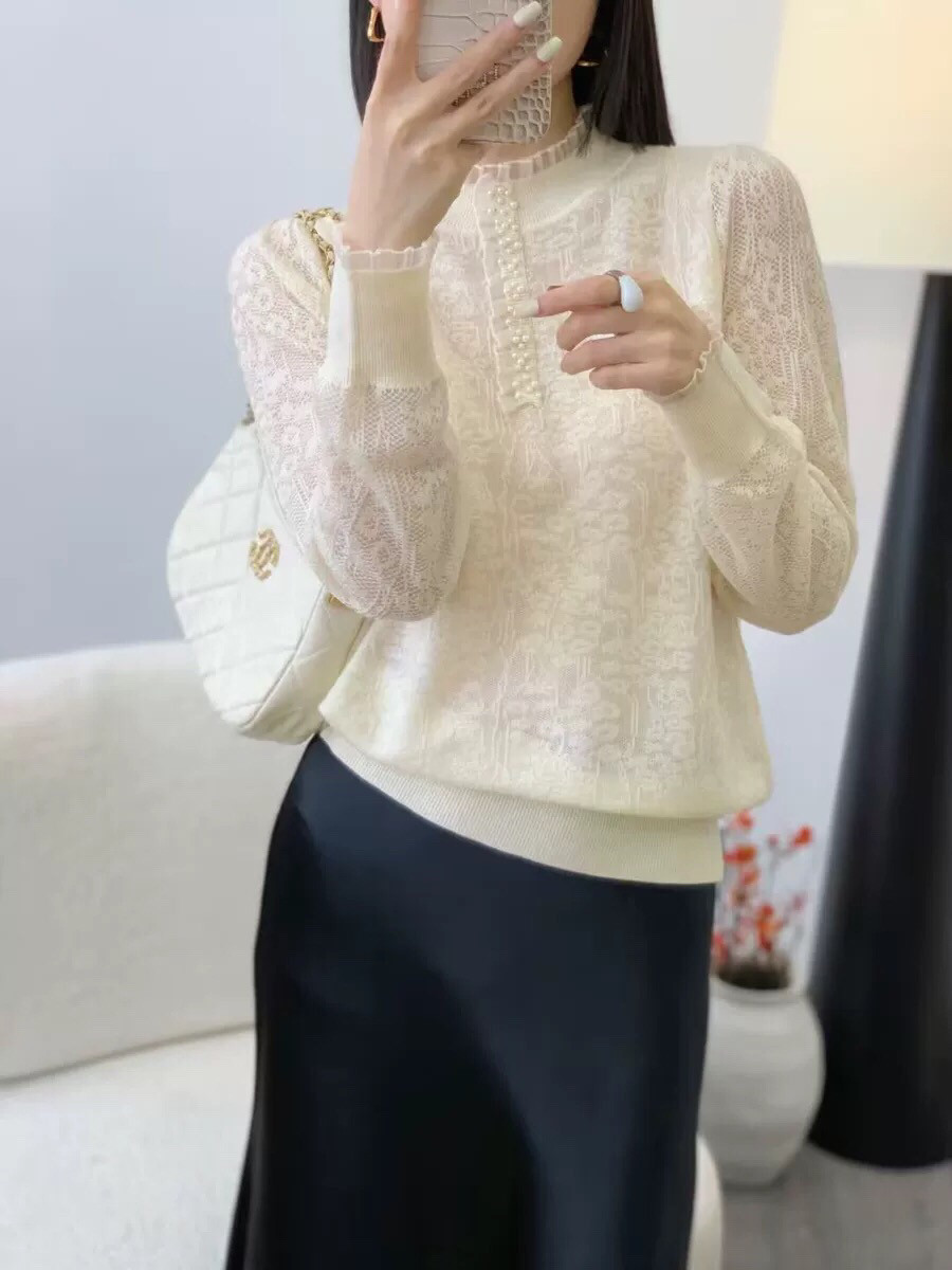 2025秋冬新款蕾丝半高领打底衫女士纯色长袖钉珠时尚内搭针织衫